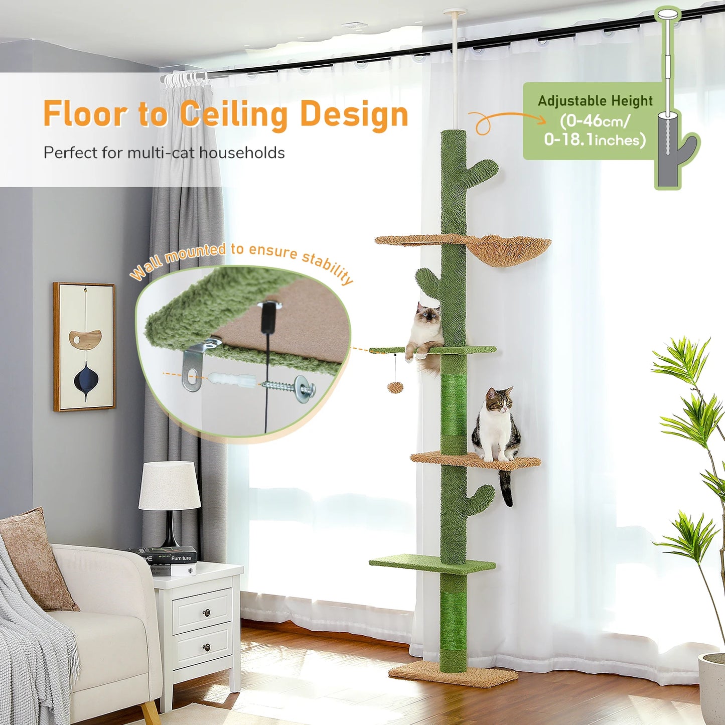 Cat Tree 5-Tier Floor to Ceiling Cat Tower Cactus